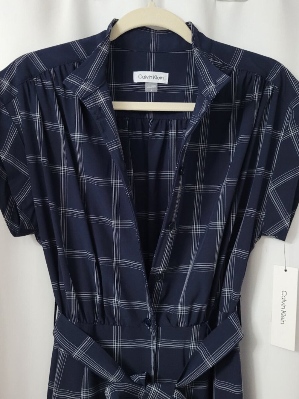 NWT Calvin Klein Navy Windowpane Plaid Belted Midi Shirt Dress - Picture 4 of 13